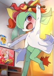 Rule 34 | 1girl, @ @, animal ear fluff, animal ears, arm up, armpits, blush, braixen, braixen (cosplay), child&#039;s drawing, collarbone, colored skin, cosplay, creatures (company), dagashi (daga2626), dvd case, dvd player, fake animal ears, fake tail, female focus, flat chest, fox ears, fox tail, game freak, gen 3 pokemon, gen 6 pokemon, gen 7 pokemon, green hair, green skin, hair over one eye, hairband, happy, highres, holding, holding wand, indoors, kirlia, leg up, looking at viewer, medium hair, mimikyu, multicolored skin, nintendo, one eye covered, open mouth, outstretched arms, pokemon, pokemon (creature), red eyes, red hairband, smile, solo, standing, standing on one leg, sweat, tail, television, two-tone skin, wand, white skin, wide-eyed