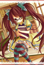 Rule 34 | 1girl, amane kurumi, blue thighhighs, book, bow, brown thighhighs, dress, female focus, glasses, hair bow, indoors, multicolored clothes, multicolored legwear, original, solo, striped clothes, striped thighhighs, thighhighs, twintails