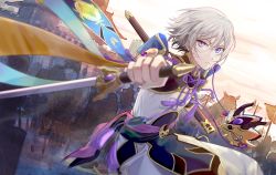 Rule 34 | 1boy, armor, army, blue eyes, chinese armor, chinese clothes, csyday, fate/grand order, fate (series), grey hair, hair between eyes, jian (weapon), male focus, mask, prince of lan ling (fate), reverse grip, sheath, solo, sword, unworn mask, weapon