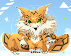 Rule 34 | cat, claws, digimon, digimon (creature), fluffy, green eyes, looking at viewer, meicoomon, solo, tail