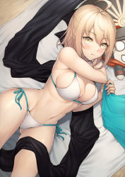 Rule 34 | 1girl, ahoge, bare shoulders, bikini, black bow, black scarf, blonde hair, blush, bow, breasts, cleavage, closed mouth, collarbone, commentary request, fate/grand order, fate (series), hair between eyes, hair bow, half updo, koha-ace, kyoeiki, looking at viewer, lying, medium breasts, navel, okita souji (fate), okita souji (koha-ace), on side, scarf, short hair, solo, swimsuit, thighs, white bikini, yellow eyes