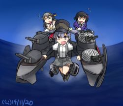 Rule 34 | &gt; &lt;, 10s, 3girls, :d, animal print, arm warmers, black hair, collared shirt, dated, closed eyes, flying sweatdrops, grey eyes, grey hair, haguro (kancolle), hair ornament, hamu koutarou, haruna (kancolle), hat, headgear, kantai collection, long hair, multiple girls, nontraditional miko, o o, ooshio (kancolle), open mouth, pleated skirt, shirt, short hair, short twintails, skirt, smile, suspenders, turret, twintails, zebra print