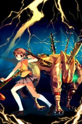 Rule 34 | 00s, 1girl, bare shoulders, blush, brown eyes, brown hair, creature, electricity, fighting stance, full body, harry, highres, higurashi akane, kneehighs, loafers, looking at viewer, mai hime: the another, my-hime, shoes, sleeveless, socks, solo, standing, thighs, white socks