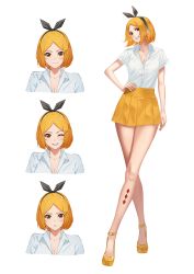 Rule 34 | 1girl, absurdres, bare legs, blonde hair, bow, breasts, brown eyes, cleavage, collared shirt, crossed legs, diamond (shape), expressions, from below, full body, grin, hair bow, hand on own hip, hara kenshi, head tilt, high heels, highres, legs, looking at viewer, medium breasts, medium hair, miniskirt, original, parted bangs, partially unbuttoned, pleated skirt, shirt, shirt tucked in, short sleeves, skirt, smile, solo, tattoo, watson cross, white shirt