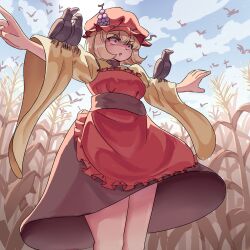 Rule 34 | 1girl, aki minoriko, animal on arm, apron, bird, blonde hair, fruit hat ornament, hat, highres, outdoors, praeto, red apron, red eyes, red hat, short hair, solo, touhou, wheat field, wide sleeves