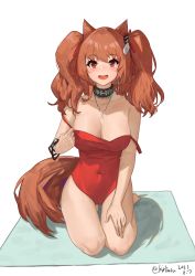 Rule 34 | 1girl, :d, absurdres, airnery, angelina (arknights), angelina (summer flower) (arknights), animal ears, arknights, bare legs, bare shoulders, blush, bracelet, breasts, brown hair, casual one-piece swimsuit, cleavage, collarbone, covered navel, dated, earrings, full body, hair ribbon, highres, infection monitor (arknights), jewelry, kirisuzu, kneeling, large breasts, long hair, looking at viewer, necklace, official alternate costume, one-piece swimsuit, open mouth, pulling own clothes, red eyes, red one-piece swimsuit, ribbon, simple background, smile, solo, strap pull, swimsuit, tail, twintails, twitter username