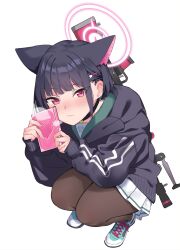 Rule 34 | 1girl, 51likes, absurdres, animal ears, black hair, black jacket, black pantyhose, blue archive, blush, box, cat ears, closed mouth, colored inner hair, extra ears, full body, gift, gift box, hair ornament, hairclip, halo, highres, holding, holding gift, hood, hood down, hooded jacket, jacket, kazusa (blue archive), long sleeves, looking at viewer, multicolored hair, pantyhose, pink hair, pink halo, pleated skirt, red eyes, shoes, short hair, simple background, skirt, solo, squatting, valentine, white background, white skirt