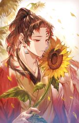 Rule 34 | 1boy, bloom, brown hair, brown kimono, commentary request, earrings, facial tattoo, falling petals, flower, hanafuda, hanafuda earrings, hands up, haori, high ponytail, highres, holding, holding flower, jacket, japanese clothes, jewelry, kimetsu no yaiba, kimono, leaf, light particles, long hair, long sleeves, male focus, multicolored hair, open clothes, open jacket, oyumai, parted bangs, parted lips, petals, ponytail, red eyes, red hair, red jacket, sidelocks, smile, solo, sunflower, tattoo, tsugikuni yoriichi, upper body, wide sleeves, yellow flower