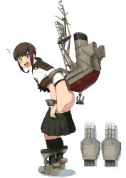 Rule 34 | 10s, 1girl, @ @, anchor, anchor symbol, ass, black legwear, blush, boots, brown hair, clothes pull, commentary request, from behind, fubuki (kancolle), fubuki kai ni (kancolle), full body, green eyes, highres, kantai collection, kozou (rifa), looking back, looking to the side, low ponytail, machinery, open mouth, panties, panty pull, pleated skirt, ponytail, pulling own clothes, removing panties, revision, sailor collar, school uniform, serafuku, short ponytail, short sleeves, simple background, skirt, skirt pull, smokestack, solo, standing, tears, underwear, undressing, white background, white panties