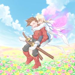 Rule 34 | 00s, 1boy, 1girl, :d, ^ ^, black pantyhose, blonde hair, blush, boots, brown hair, closed eyes, cloud, coat, colette brunel, couple, day, flower, full body, gloves, happy, hetero, hug, hug from behind, knee boots, lloyd irving, long hair, maruru (marimo811), open mouth, pants, pantyhose, red shirt, scabbard, sheath, shirt, sky, smile, tales of (series), tales of symphonia, wings