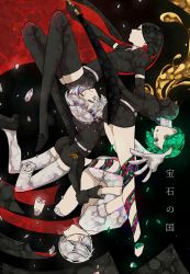 Rule 34 | amputee, androgynous, antarcticite, black eyes, black hair, bort, broken, diamond (houseki no kuni), elbow gloves, gem uniform (houseki no kuni), gender request, gloves, golden arms, green eyes, green hair, highres, houseki no kuni, light smile, long hair, looking at viewer, multicolored hair, outstretched arm, phosphophyllite, red hair, short hair, shorts, spoilers, sword, thighhighs, uniform, very long hair, weapon, white eyes, white hair