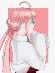 Rule 34 | 1girl, absurdres, ahoge, aqua-framed eyewear, bad id, bad twitter id, commentary, double bun, hair bun, highres, kantai collection, long hair, long sleeves, makigumo (kancolle), ojipon, pink hair, profile, shirt, sidelocks, simple background, sleeves past fingers, sleeves past wrists, solo, symbol-only commentary, twintails, two-tone background, upper body, white shirt