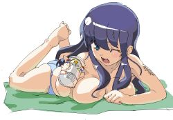 Rule 34 | 1girl, alcohol, anagoya, beer, breast press, breasts, full body, large breasts, lying, on stomach, one eye closed, sketch, solo, tattoo, the pose, topless, wink