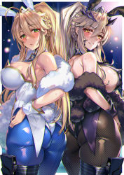 Rule 34 | 2girls, :o, animal ears, artoria pendragon (all), artoria pendragon (fate), artoria pendragon (lancer) (fate), artoria pendragon (lancer alter) (fate), artoria pendragon (swimsuit ruler) (fate), ass, bare shoulders, black legwear, blonde hair, blue pantyhose, blush, braid, breasts, detached collar, dual persona, fake animal ears, fate/grand order, fate (series), feather boa, female focus, fishnets, from behind, green eyes, grin, hair between eyes, highres, horns, large breasts, leotard, long hair, looking at viewer, looking back, moze, multiple girls, necktie, open mouth, pantyhose, parted lips, playboy bunny, ponytail, purple leotard, rabbit ears, sidelocks, skindentation, smile, sweat, thigh strap, white leotard, wrist cuffs, yellow eyes