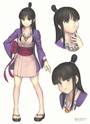 Rule 34 | 1girl, ace attorney, black hair, blue eyes, blunt bangs, breasts, commentary, english commentary, full body, gofelem, hair ornament, half updo, hand on own hip, highres, japanese clothes, jewelry, kimono, long hair, looking at viewer, maya fey, necklace, pout, smile, solo, standing