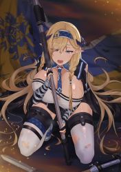 Rule 34 | 1girl, absurdres, arknights, banner, black gloves, black skirt, blonde hair, blue eyes, blue hairband, blue necktie, blush, braid, breasts, broken, broken sword, broken weapon, cleavage, dragon horns, full body, gloves, hair over one eye, hairband, highres, holding, horns, huge breasts, kneeling, light particles, long hair, looking at viewer, miniskirt, necktie, noe (ppppriver), open mouth, partially fingerless gloves, pointy ears, saileach (arknights), shirt, skirt, solo, sword, thighhighs, torn clothes, torn shirt, torn thighhighs, twin braids, unaligned breasts, very long hair, weapon, white shirt, white thighhighs