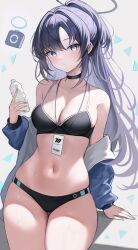 Rule 34 | 1girl, :&lt;, alternate costume, bare shoulders, bikini, black bikini, black choker, blue archive, blue eyes, blue jacket, bottle, breasts, choker, cleavage, closed mouth, commentary, cowboy shot, drone, expressionless, half updo, halo, highres, holding, id card, jacket, long hair, long sleeves, looking at viewer, medium breasts, navel, off shoulder, open clothes, open jacket, purple hair, revision, sideboob, solo, standing, stomach, string bikini, sweat, swimsuit, thigh gap, thighs, un uk, very long hair, yuuka (blue archive)