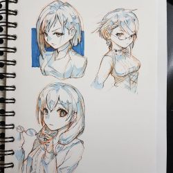 Rule 34 | 3girls, artist request, breasts, darling in the franxx, glasses, hair ornament, hairclip, ichigo (darling in the franxx), ink (medium), looking to the side, looking up, medium breasts, monochrome, multiple girls, photo (medium), short hair, sketch, spot color, superphotrone, traditional media, twintails, v-shaped eyebrows