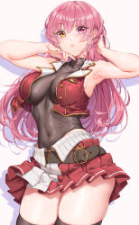 Rule 34 | 1girl, armpits, arms up, bare arms, bare shoulders, belt, black leotard, black thighhighs, breasts, cleavage, collarbone, covered navel, fangxiang cuoluan, gold trim, heterochromia, highres, hololive, houshou marine, impossible clothes, impossible leotard, large breasts, leotard, long hair, looking at viewer, miniskirt, open clothes, open vest, parted lips, pink hair, pleated skirt, red eyes, red skirt, red vest, skindentation, skirt, solo, sweat, taut leotard, thighhighs, thighs, vest, virtual youtuber, yellow eyes, zettai ryouiki