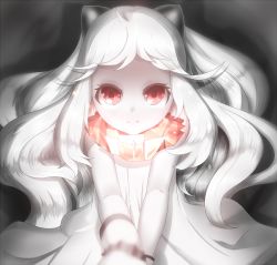 Rule 34 | 10s, 1girl, 3:, abyssal ship, ahoge, bad id, bad pixiv id, blurry, boruhis, colored skin, depth of field, dress, gradient background, horns, kantai collection, long hair, looking at viewer, mittens, northern ocean princess, red eyes, solo, white dress, white hair, white skin
