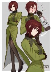 1girl alcohol aozaki_touko aozaki_touko_(mahou_tsukai_no_yoru) beer beer_bottle black_fur black_high_heels blush bottle brown_gloves brown_pantyhose cigarette clone closed_eyes coat crossed_arms fishnet_pantyhose fishnets fur-trimmed_coat fur_trim glasses gloves green_coat grey_background high_heels highres holding holding_bottle holding_cigarette holding_microphone long_coat looking_at_viewer mahou_tsukai_no_yoru microphone open_mouth pantyhose red_eyes red_hair round_eyewear shintyoi2 short_hair signature smoke smoking solo