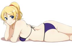 Rule 34 | 10s, 1girl, ass, ayase eli, back, bare arms, bare shoulders, bikini, blonde hair, blue bikini, blue eyes, blush, breasts, closed mouth, hair ornament, hair scrunchie, highres, long hair, looking at viewer, love live!, love live! school idol project, lying, mattari yufi, medium breasts, on stomach, ponytail, scrunchie, shiny skin, sideboob, simple background, smile, solo, swimsuit, tareme, thighs, white background
