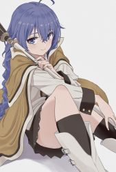 Rule 34 | 1girl, absurdres, ahoge, black legwear, black skirt, blue eyes, blue hair, boots, braid, brown cape, cape, closed mouth, commentary request, feet out of frame, grey background, grey shirt, hair between eyes, hasisisissy, highres, holding, holding staff, knee up, long hair, long sleeves, looking at viewer, mushoku tensei, roxy migurdia, shadow, shirt, sitting, skirt, smile, solo, staff, very long hair, white footwear