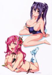 Rule 34 | 2girls, absurdres, ass, barefoot, between breasts, blue hair, blush, breasts, butt crack, celia ootsuka, cleavage, clothes pull, competition school swimsuit, feet, full body, hairband, heart, heart-shaped pupils, highres, kneehighs, large breasts, long hair, looking at viewer, lying, maken-ki!, microphone, multiple girls, nijou aki, no shoes, official art, on stomach, one-piece swimsuit, one-piece swimsuit pull, open mouth, pink eyes, pink hair, ponytail, pulling own clothes, purple eyes, scan, school swimsuit, simple background, sitting, smile, socks, soles, swimsuit, symbol-shaped pupils, takeda hiromitsu, wariza, white background