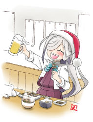 Rule 34 | 1girl, :d, alcohol, asashimo (kancolle), beer, beer mug, blue bow, blue bowtie, blush, bow, bowl, bowtie, chopsticks, closed eyes, cup, doll, dress, ebifly, foam, food, fur-trimmed headwear, fur trim, grey hair, hair over one eye, hat, highres, holding, holding cup, holding food, kantai collection, long hair, long sleeves, mug, one eye covered, open clothes, open mouth, open shirt, red dress, red hat, santa hat, sharp teeth, shirt, skewer, smile, solo, steam, teeth, upper teeth only, white shirt