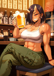 Rule 34 | 1girl, abs, alcohol, beer, beer mug, blush, breasts, cargo pants, cleavage, commentary request, crop top, cup, drunk, earrings, elf-san wa yaserarenai., grin, hair over one eye, horns, izakaya, jewelry, large breasts, crossed legs, midriff, mug, muscular, muscular female, navel, oga (elf-san wa yaserarenai.), ogre, oni, oni horns, pants, pointy ears, red eyes, short hair, sitting, smile, solo, spaghetti strap, taut clothes, tony (chikaku kabin)