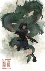 Rule 34 | 1girl, assault rifle, black hair, camouflage, chinese text, dead-robot, digital camouflage, dragon, eastern dragon, green eyes, gun, headset, holding, holding gun, holding weapon, military, new year, original, rifle, running, weapon, western dragon