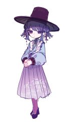 Rule 34 | 1girl, blue shirt, braid, closed mouth, commentary request, denonbu, double bun, earrings, floral print, full body, hair bun, hat, highres, inubousaki shian, jewelry, long hair, long sleeves, looking at viewer, pleated skirt, puffy long sleeves, puffy sleeves, purple eyes, purple hair, purple hat, purple skirt, shirt, shoes, simple background, skirt, solo, standing, tsuzutsu, twin braids, white background