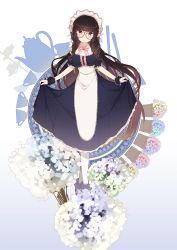 Rule 34 | 1girl, apron, bad id, bad pixiv id, black dress, black hair, blue background, blue flower, blush, breasts, brown hair, closed mouth, commentary request, dress, flower, full body, futoshi ame, gradient background, green flower, highres, long hair, looking at viewer, medium breasts, original, pantyhose, puffy short sleeves, puffy sleeves, purple flower, red eyes, short sleeves, skirt hold, smile, solo, standing, very long hair, waist apron, white apron, white background, white footwear, white pantyhose, wrist cuffs, yellow flower