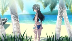 Rule 34 | 1girl, ass, beach, bikini, black hair, blue bikini, blue scrunchie, blue sky, boat, cloud, commentary request, day, flat chest, from behind, glasses, green eyes, hairband, halterneck, highres, horizon, kantai collection, long hair, looking at viewer, looking back, mikan 29344886, mountain, ooyodo (kancolle), outdoors, palm tree, scrunchie, semi-rimless eyewear, sky, solo, string bikini, swimsuit, tree, under-rim eyewear, watercraft, white hairband, wrist scrunchie