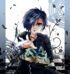 Rule 34 | 1boy, bad id, bad pixiv id, black coat (kingdom hearts), blue eyes, blue hair, book, cloak, feathers, hair over one eye, highres, kingdom hearts, male focus, matching hair/eyes, soap (answer), solo, white background, zexion