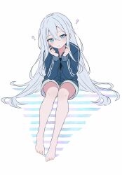 Rule 34 | 1girl, ?, absurdres, bare legs, barefoot, black shirt, blue eyes, blue jacket, blush, commentary, full body, grey hair, hair between eyes, highres, hrn ohana, jacket, legs, light blue shorts, long hair, looking at viewer, open mouth, project sekai, shirt, simple background, sitting, solo, toes, very long hair, white background, yoisaki kanade