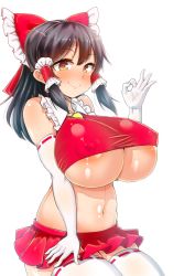 Rule 34 | 1girl, areola slip, bare shoulders, black hair, blush, bow, breasts, brown eyes, closed mouth, covered erect nipples, crop top, elbow gloves, gloves, hair bow, hair tubes, hakurei reimu, hand up, haruka (haruka channel), heart, heart-shaped pupils, huge breasts, long hair, looking at viewer, microskirt, navel, ok sign, red bow, red skirt, ribbon-trimmed gloves, ribbon-trimmed legwear, ribbon trim, sidelocks, simple background, skindentation, skirt, smile, solo, symbol-shaped pupils, thighhighs, touhou, underboob, white background, white gloves, white thighhighs