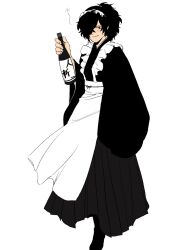 Rule 34 | 1boy, alcohol, apron, black hair, blush, bottle, crossdressing, facial hair, fate/grand order, fate (series), full body, grey hakama, hair over one eye, hakama, highres, holding, holding bottle, japanese clothes, kisaragi-hanare, long hair, looking at viewer, maid, maid apron, maid day, maid headdress, male focus, okada izou (fate), ponytail, red eyes, simple background, solo, white background, wine bottle