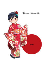 Rule 34 | 1girl, 2021, alternate costume, black hair, child, floral print, furisode, hair ornament, hanten (clothes), harukaze unipo, hiburi (kancolle), highres, japanese clothes, kantai collection, kimono, long sleeves, new year, obi, red eyes, sash, simple background, sleeves past wrists, smile, solo, standing, tabi