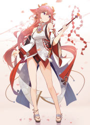 Rule 34 | 1girl, animal ears, bare legs, bare shoulders, breasts, closed mouth, fox ears, full body, genshin impact, gradient background, hair between eyes, hakama, hand up, highres, holding, japanese clothes, jushoro, legs, long hair, looking to the side, pink hair, purple eyes, sandals, shirt, sideboob, solo, standing, turtleneck, white shirt, yae miko