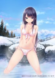 Rule 34 | 1girl, arm support, arms behind back, bare shoulders, bikini, black hair, blue sky, blush, breasts, cleavage, cloud, coffee-kizoku, collarbone, commentary request, day, grey eyes, halterneck, highres, long hair, looking to the side, medium breasts, mountain, navel, original, outdoors, parted lips, pine tree, rock, shiny skin, shiramine rika, side-tie bikini bottom, sitting, sky, snow, snowflake print, snowflakes, solo, steam, string bikini, swimsuit, tree, wading, water