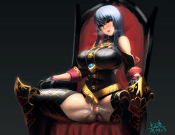 Rule 34 | 1girl, armor, bad id, bad pixiv id, bare shoulders, black gloves, blush, breasts, censored, chair, commentary request, gloves, k2shh, large breasts, long hair, military, military uniform, mosaic censoring, pussy, red eyes, selvaria bles, senjou no valkyria, senjou no valkyria (series), senjou no valkyria 1, silver hair, sitting, sleeves rolled up, spread legs, thighhighs, thighs, tongue, tongue out, uniform