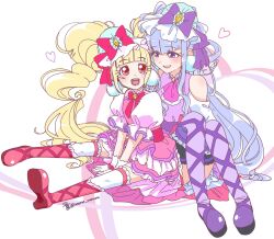 Rule 34 | 2girls, aisaki emiru, blonde hair, blunt bangs, blush, boots, bow, commentary request, cure amour, cure macherie, earrings, gloves, hair bow, highres, hugtto! precure, jewelry, long hair, magical girl, meme rururu, multiple girls, open mouth, pom pom (clothes), pom pom earrings, precure, purple bow, purple eyes, purple hair, red eyes, ruru amour, sitting, smile, twintails, very long hair, white gloves