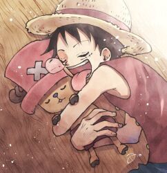 Rule 34 | 2boys, aco peda, black hair, close-up, commentary request, hat, hug, lying, monkey d. luffy, multiple boys, on ground, one piece, open mouth, scar, scar on face, shirt, short hair, squeans, sleeping, sleeveless, sleeveless shirt, straw hat, tony tony chopper