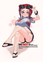 1girl artist_name black_shorts breasts closed_mouth commentary dolphin_shorts eyewear_on_head flip-flops grey_eyes grey_shirt highres huge_breasts jinkoika looking_at_viewer medium_hair nintendo octoling octoling_girl octoling_player_character red-framed_eyewear red_hair red_trim sandals shirt shorts smile solo splatoon_(series) splatoon_3 sunglasses symbol-only_commentary tentacle_hair toes twitter_username white_background