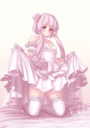 Rule 34 | 1girl, absurdres, alternate costume, bare shoulders, blush, breasts, brown background, closed mouth, confetti, detached sleeves, dress, dress flower, flower, full body, garter straps, gloves, hair flower, hair ornament, highres, kneeling, lace, lace-trimmed legwear, lace trim, long hair, looking at viewer, medium breasts, puffy short sleeves, puffy sleeves, purple eyes, purple hair, rose, shade of trees, short hair with long locks, short sleeves, sidelocks, signature, simple background, skirt hold, solo, strapless, strapless dress, thighhighs, variant set, vocaloid, voiceroid, wedding dress, white dress, white flower, white gloves, white rose, white thighhighs, yuzuki yukari