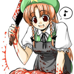 Rule 34 | 1girl, blood, braid, breasts, female focus, hat, hong meiling, knife, lowres, musical note, red hair, ribbon, solo, tajima yuuki, embodiment of scarlet devil, throwing knife, touhou, twin braids, weapon, white background