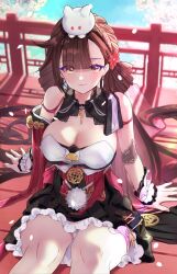 Rule 34 | 1girl, animal, animal on head, arin (1010 ssu), bare shoulders, blurry, breasts, brown eyes, brown hair, cherry blossoms, china dress, chinese clothes, cleavage cutout, clothing cutout, depth of field, dress, feet, highres, honkai (series), honkai impact 3rd, large breasts, li sushang, li sushang (jade knight), long hair, looking at viewer, official alternate costume, on head, red pupils, single sleeve, sitting, solo, very long hair, wooden floor, wristband