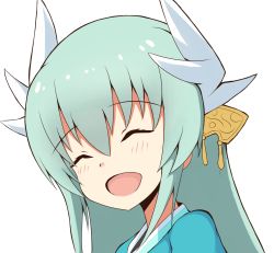Rule 34 | 1girl, :d, ^ ^, blue kimono, blush, closed eyes, commentary request, dragon horns, facing viewer, fate/grand order, fate (series), green hair, hair between eyes, head tilt, headgear, highres, horns, japanese clothes, kimono, kiyohime (fate), long hair, mitchi, open mouth, simple background, smile, solo, white background