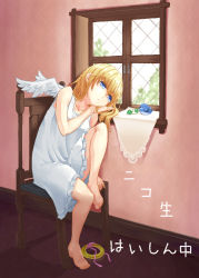 Rule 34 | 1girl, bad id, bad pixiv id, barefoot, bird, blonde hair, blue eyes, chair, dress, expressionless, feathered wings, full body, halo, halo removed, head down, indoors, knee up, long hair, looking outside, original, shiroori kanade, sitting, sleeveless, sleeveless dress, solo, sundress, white dress, white wings, window, wings